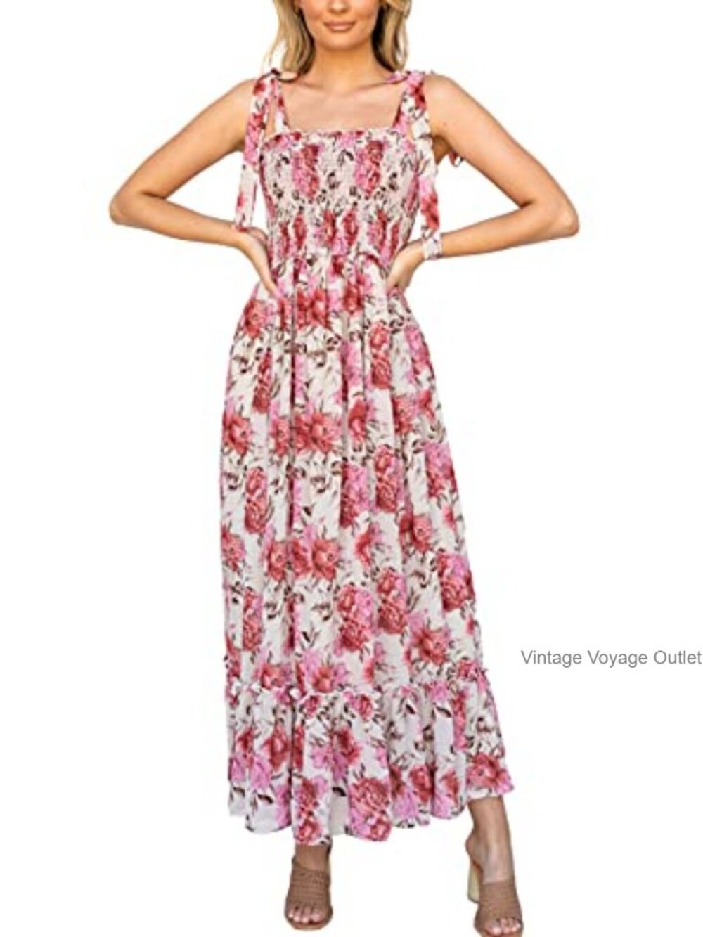 Smocked Boho Maxi Dress with Ruffle Hem Flowy Sleeveless Summer Dress